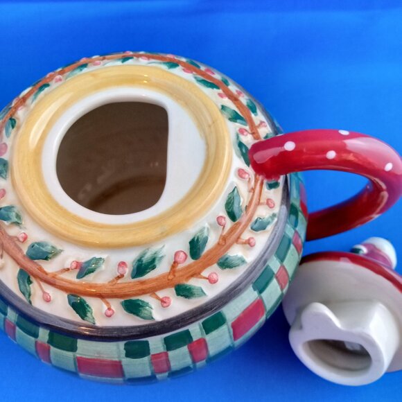 Sakura Debbie Mumm Small Teapot Holly and Plaid Santa Claus Lid Red Green - Picture 6 of 6